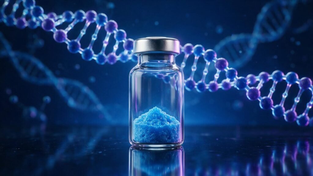 A glowing research vial of BPC-157 peptide on a deep blue laboratory background