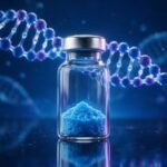 A glowing research vial of BPC-157 peptide on a deep blue laboratory background