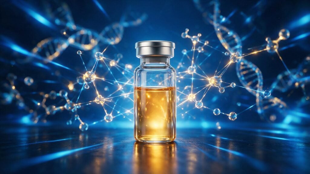A research vial of hCG on a deep blue laboratory background with warm glow