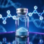 A glowing research vial of Ipamorelin peptide on a deep blue laboratory background