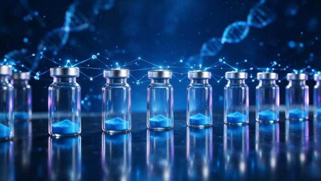 Row of blue-tinted peptide research vials connected by a molecular network