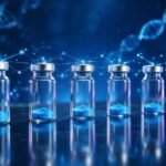 Row of blue-tinted peptide research vials connected by a molecular network