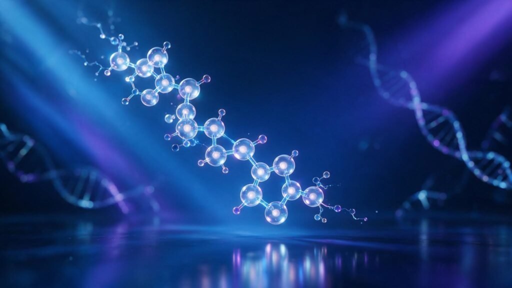 Glowing peptide amino-acid chain on a deep blue laboratory background